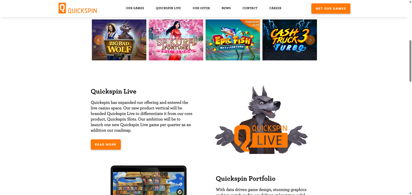 Quickspin official website showing their latest game releases