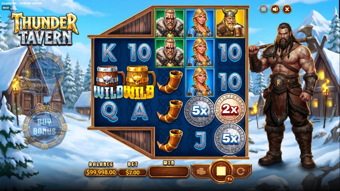 Thunder Tavern gameplay showing the 3x3x5x5x5 reel grid with Norse-themed symbols and Wild multipliers