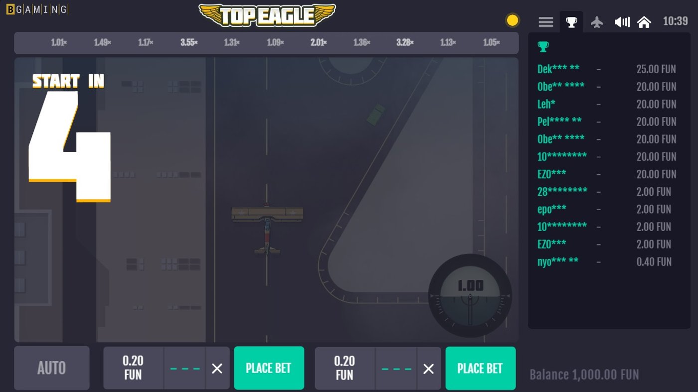 Top Eagle pre-round countdown showing the runway with dual bet controls and leaderboard