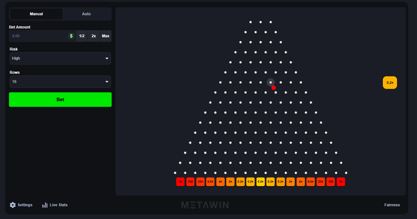 MetaWin Plinko 16-row board on High risk with ball dropping toward multiplier slots