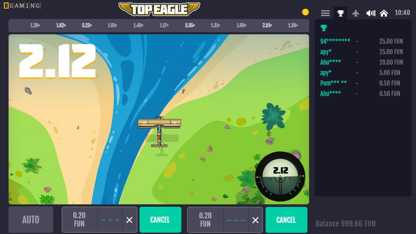 Top Eagle in-flight gameplay at 2.12x multiplier with landscape scrolling below the plane