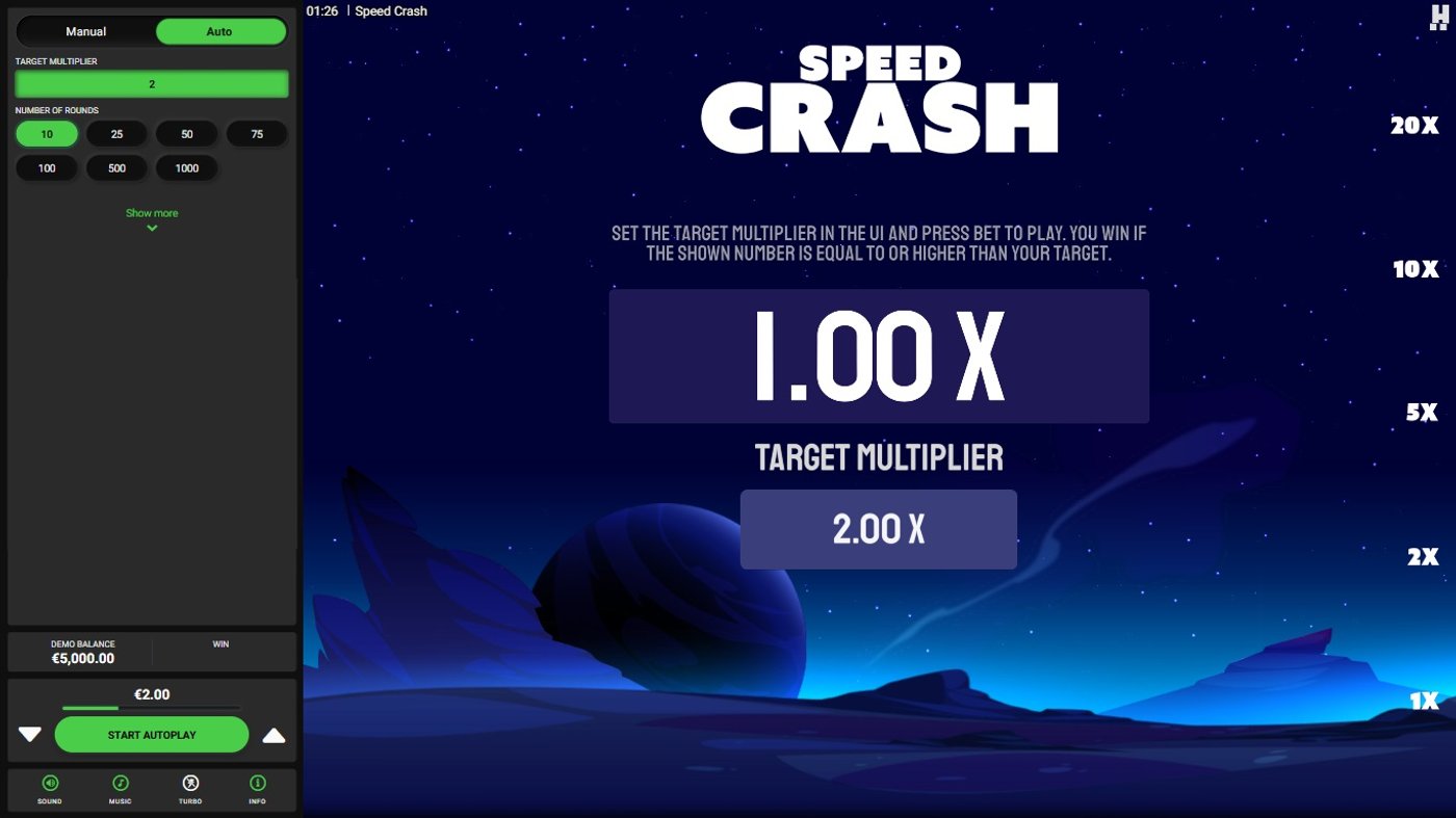 Speed Crash auto mode showing target multiplier 2x, number of rounds selector, rocky planet background with 1.00x display