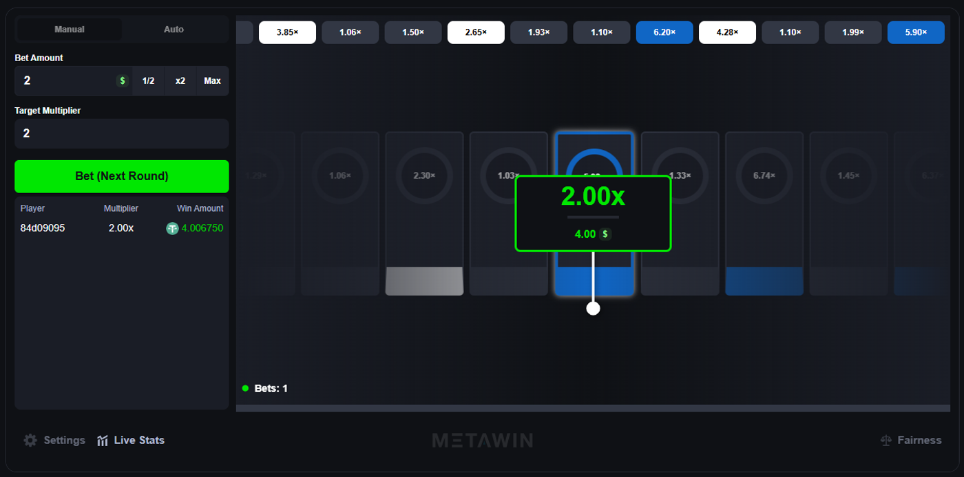 MetaWin Slide winning round at 2.00x showing green payout popup of $4.00 with the marker landed on the target tile