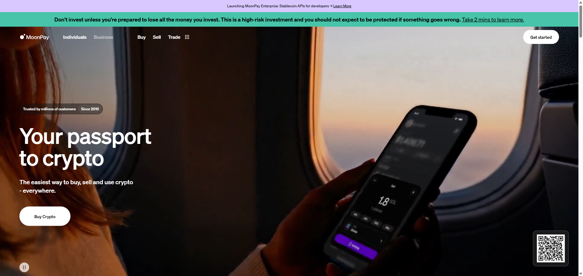 MoonPay homepage showing the Buy Crypto interface with the tagline Your passport to crypto