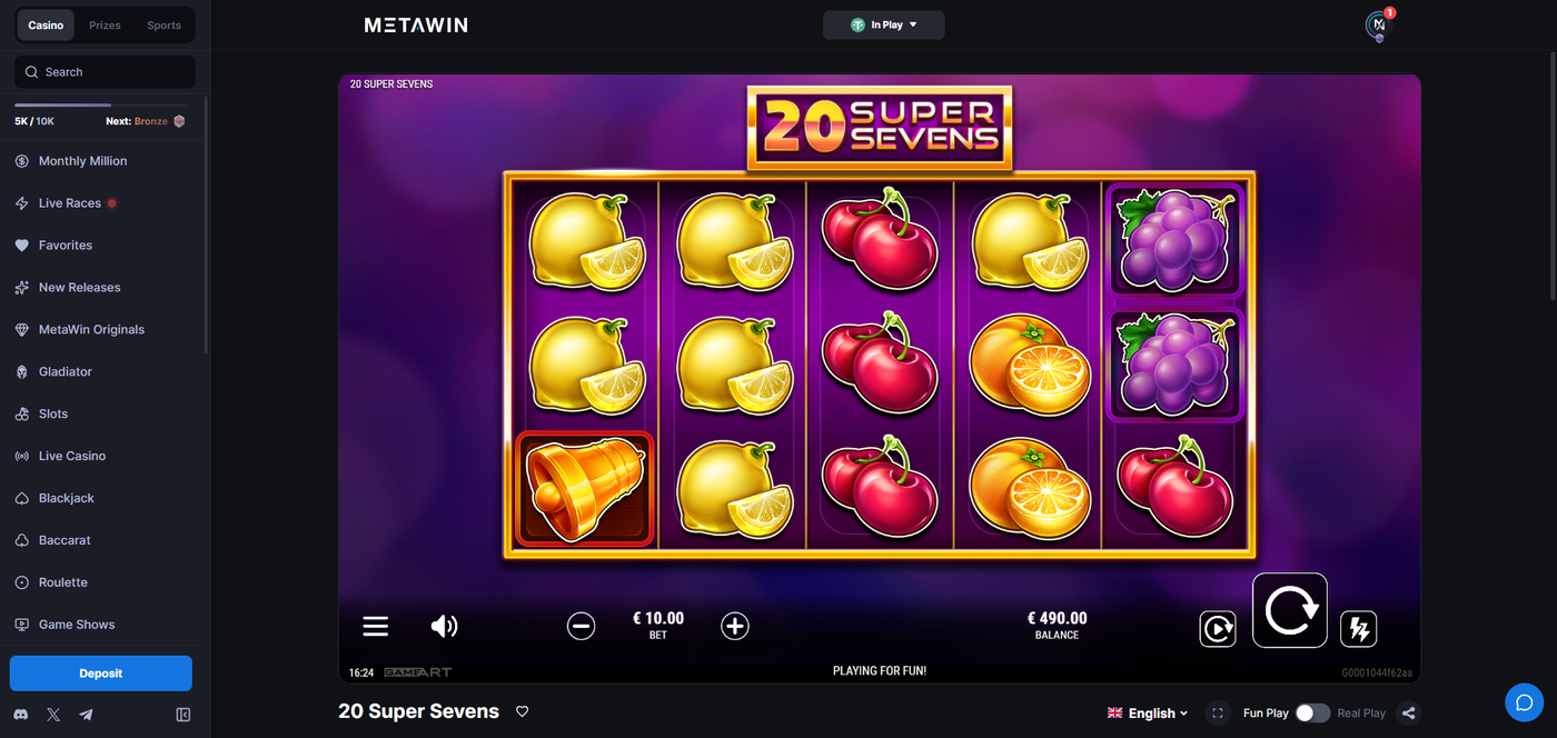 20 Super Sevens slot gameplay on MetaWin Casino