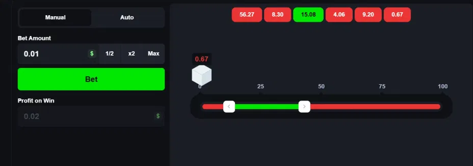 Prime Dice round showing a result of 0.67