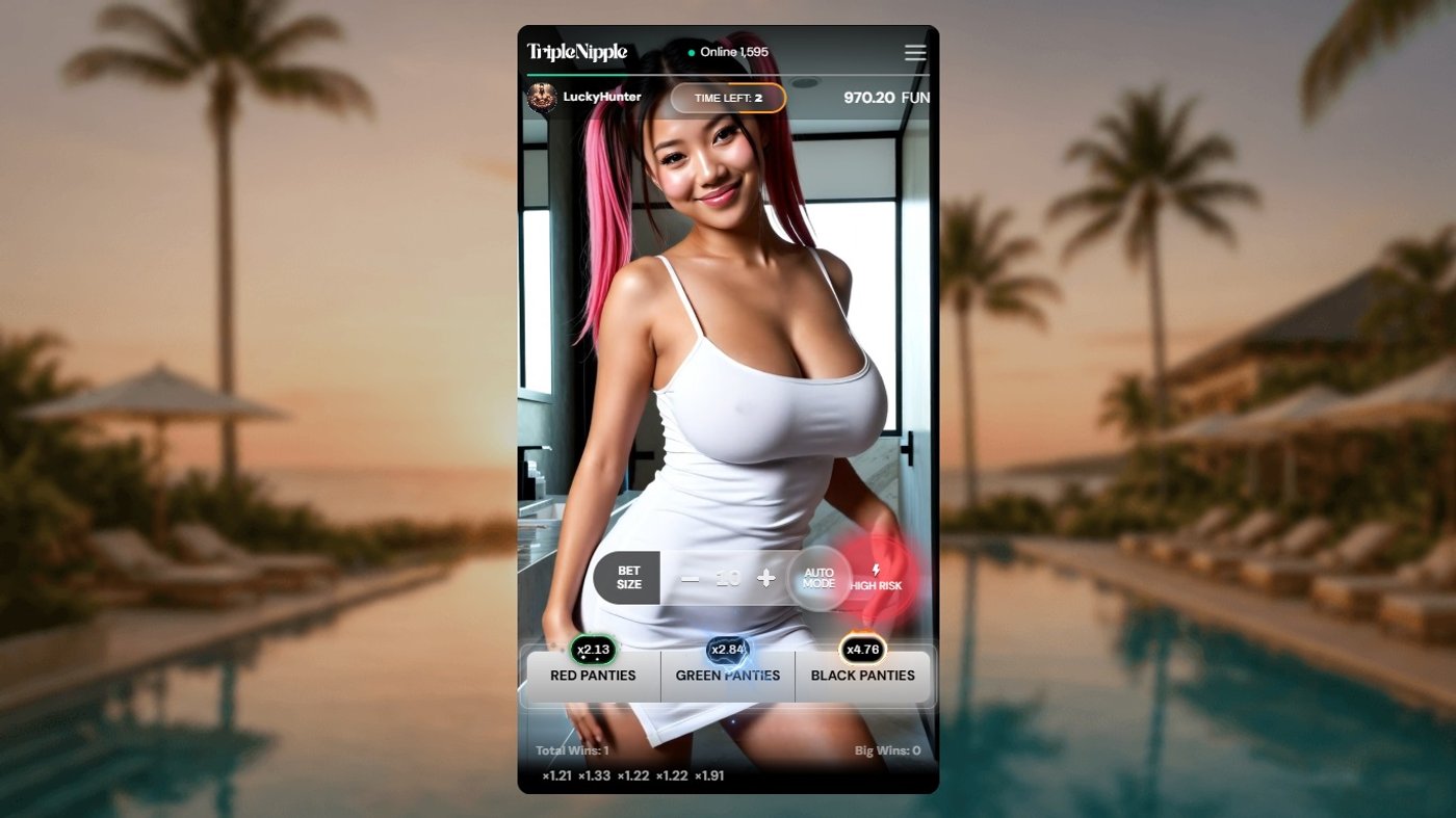 Triple Nipple game interface showing three color options with multipliers and a four-second countdown timer