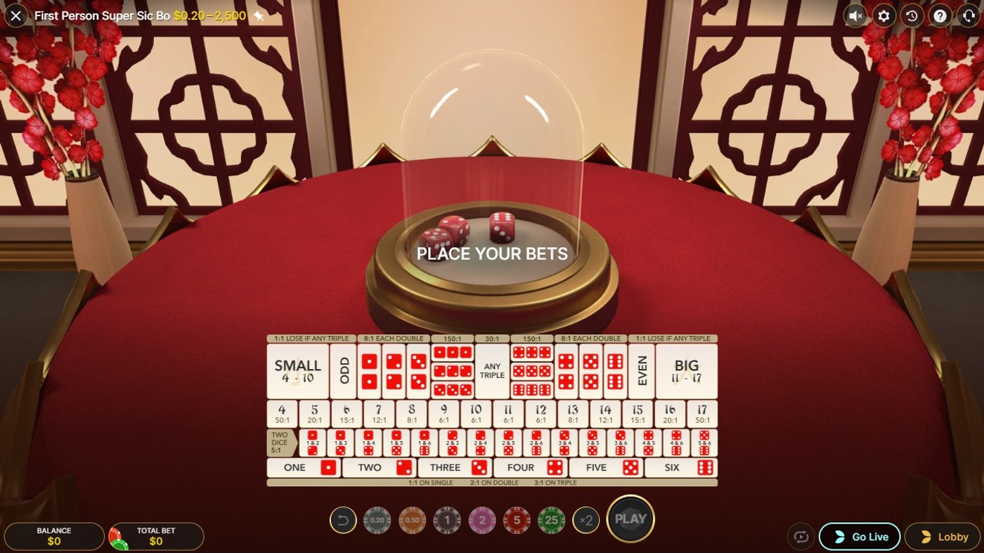 First Person Super Sic Bo betting board with Small, Big, Odd, Even, totals, doubles, triples and two-dice combinations under a glass dice dome
