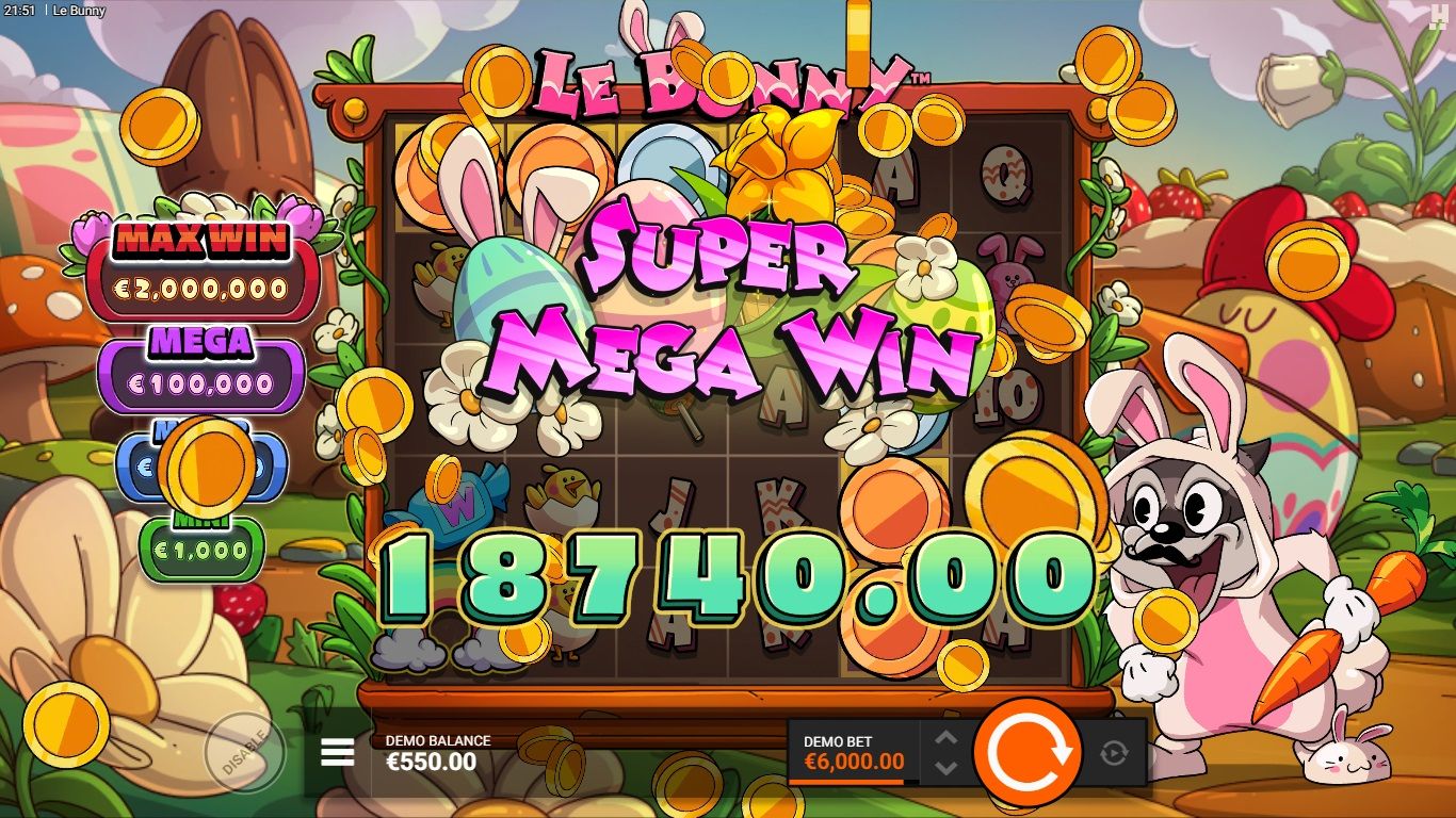 Le Bunny Super Mega Win screen showing an 18,740 payout during the Golden Squares feature