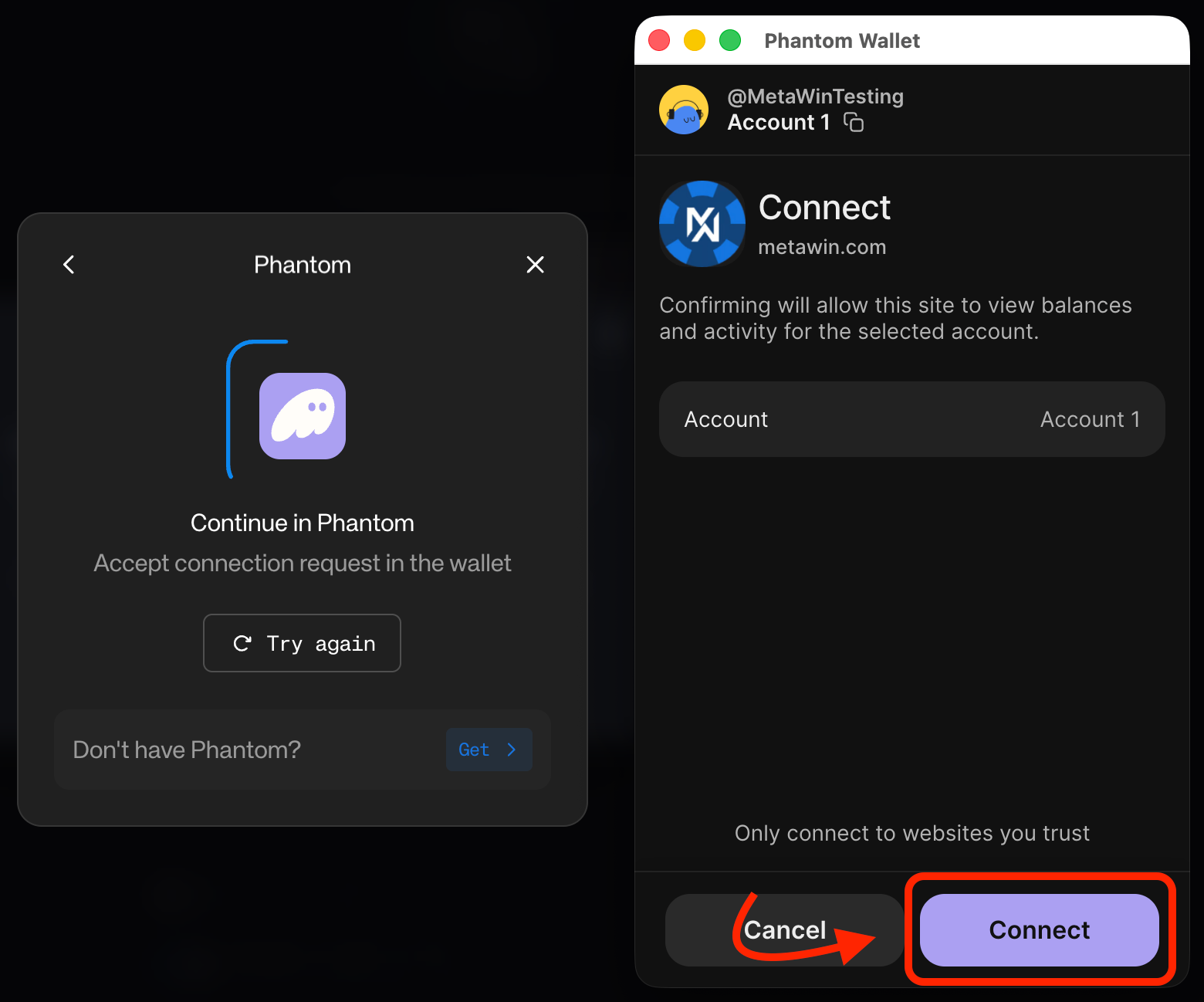 Phantom wallet connection approval screen for MetaWin showing the address being linked