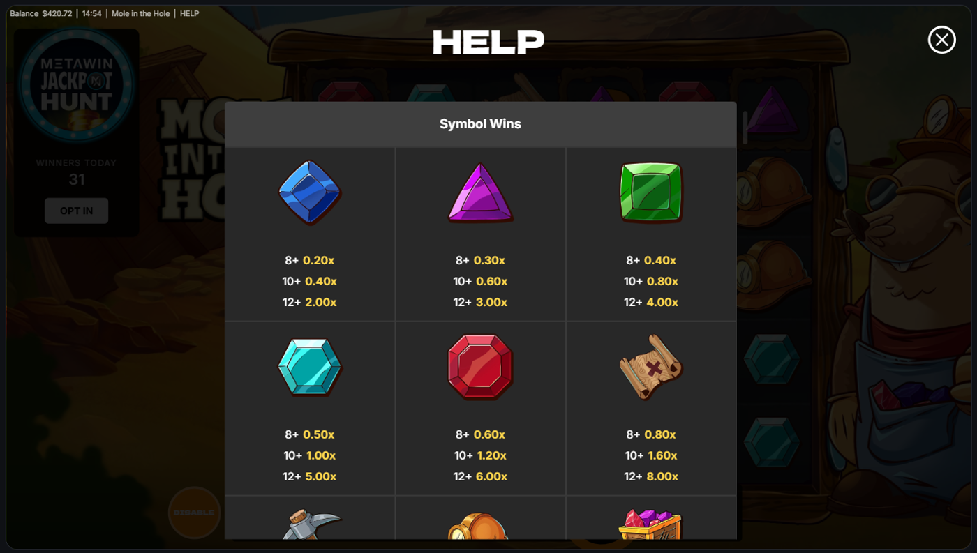 Mole in the Hole paytable showing Symbol Wins for all gem and tool symbols with 8+, 10+, and 12+ payout multipliers
