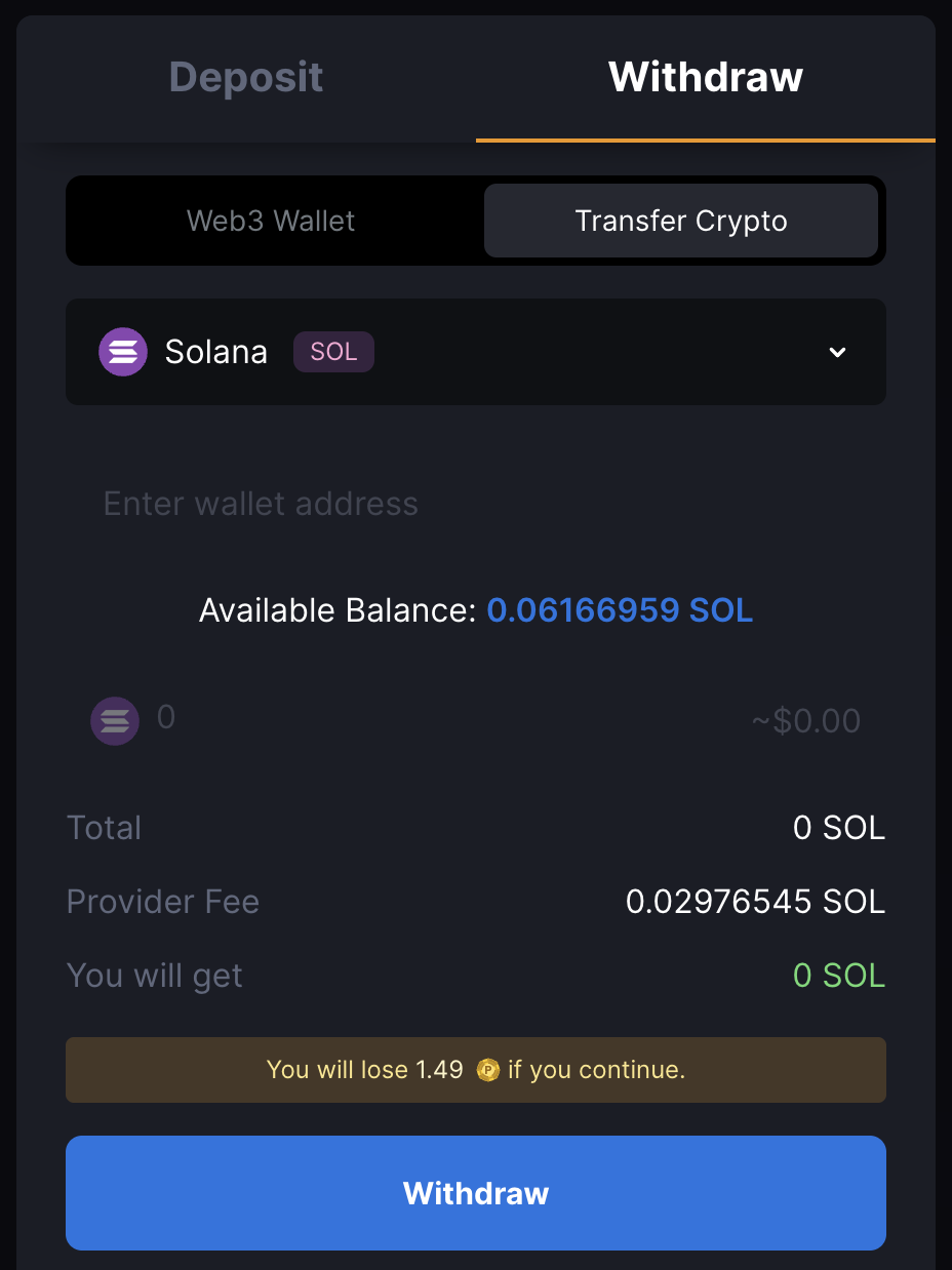 MetaWin Cashier withdrawal screen for Solana showing address field and amount input