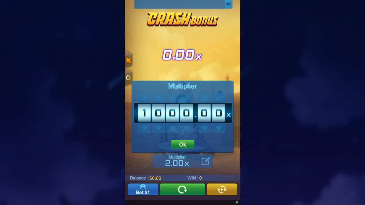Crash Bonus auto cash-out multiplier setting screen showing 1000.00x target