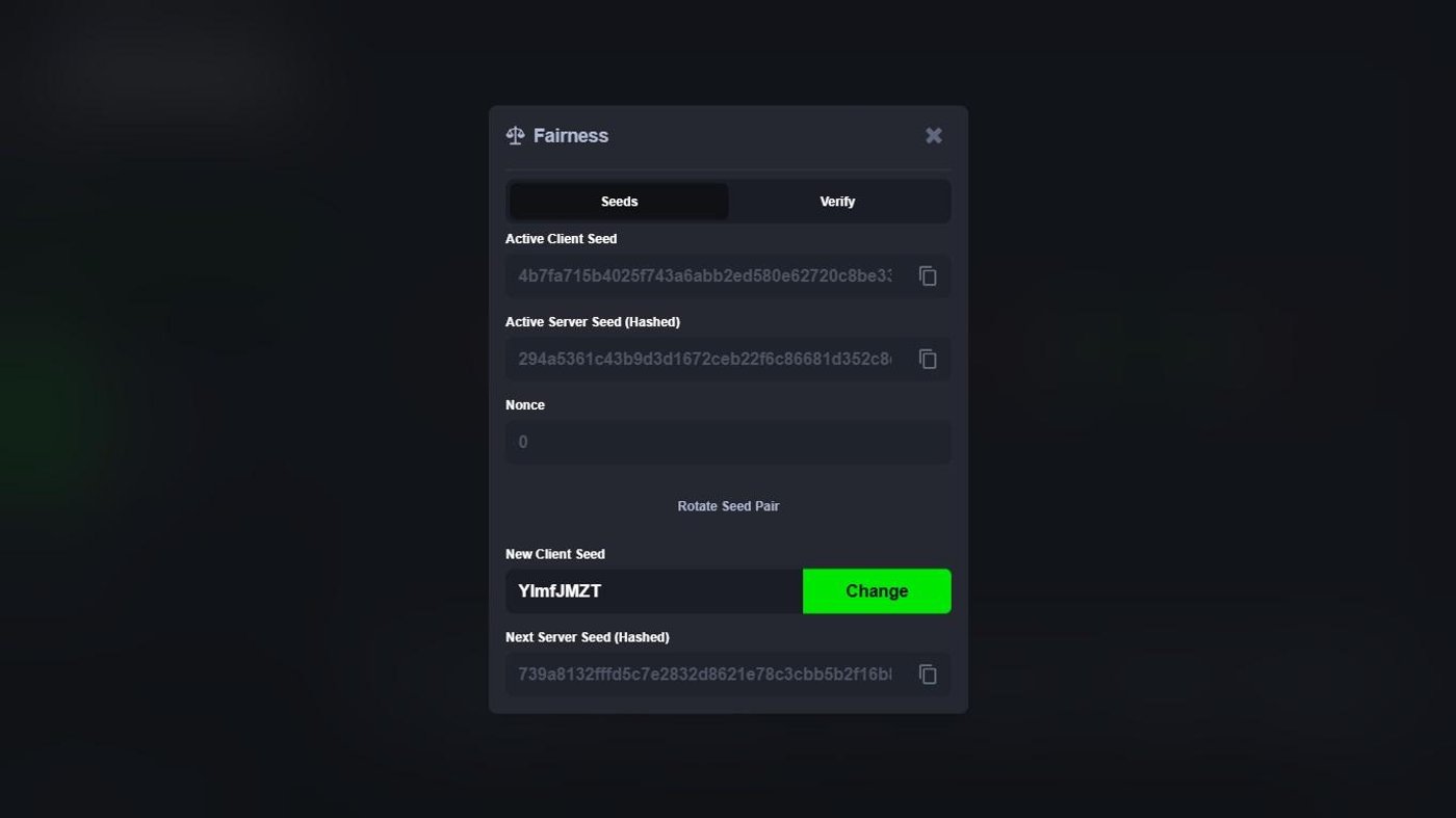 Prime Dice Fairness panel showing active client seed, hashed server seed, and nonce counter