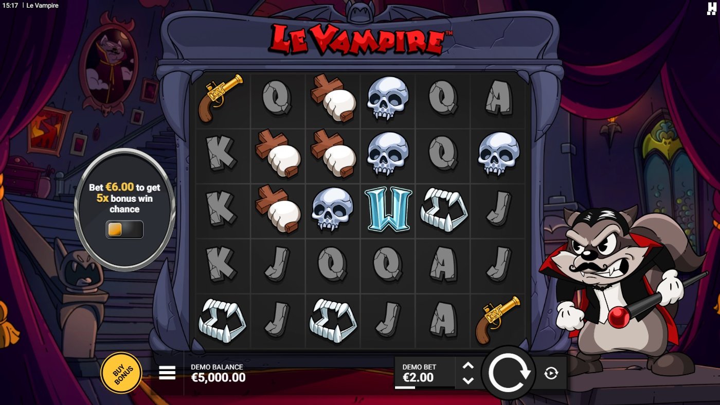 Le Vampire base game showing the 6x5 grid with Smokey dressed as a vampire