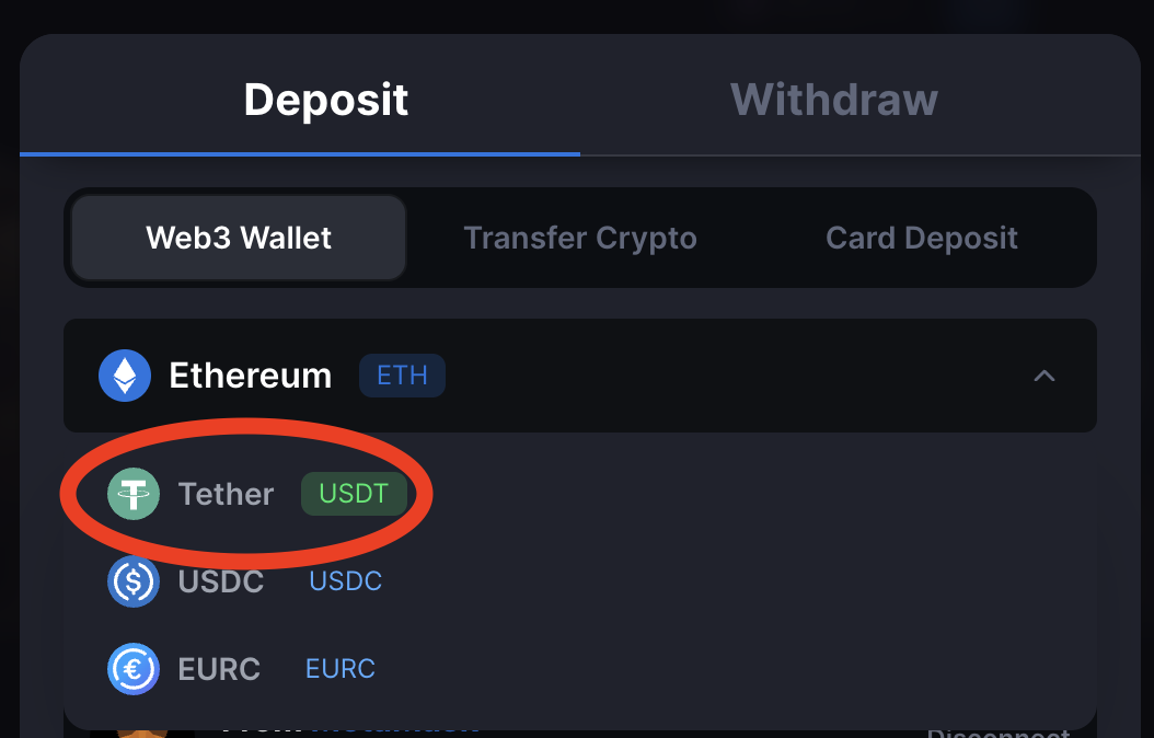 MetaWin Web3 Wallet currency dropdown with Tether USDT highlighted among ETH, USDC, and EURC