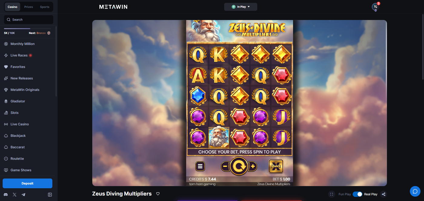 Zeus Divine Multipliers slot gameplay on MetaWin Casino