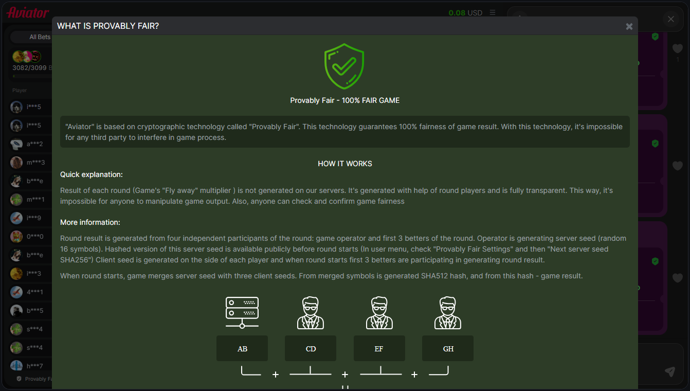 Aviator provably fair explanation screen