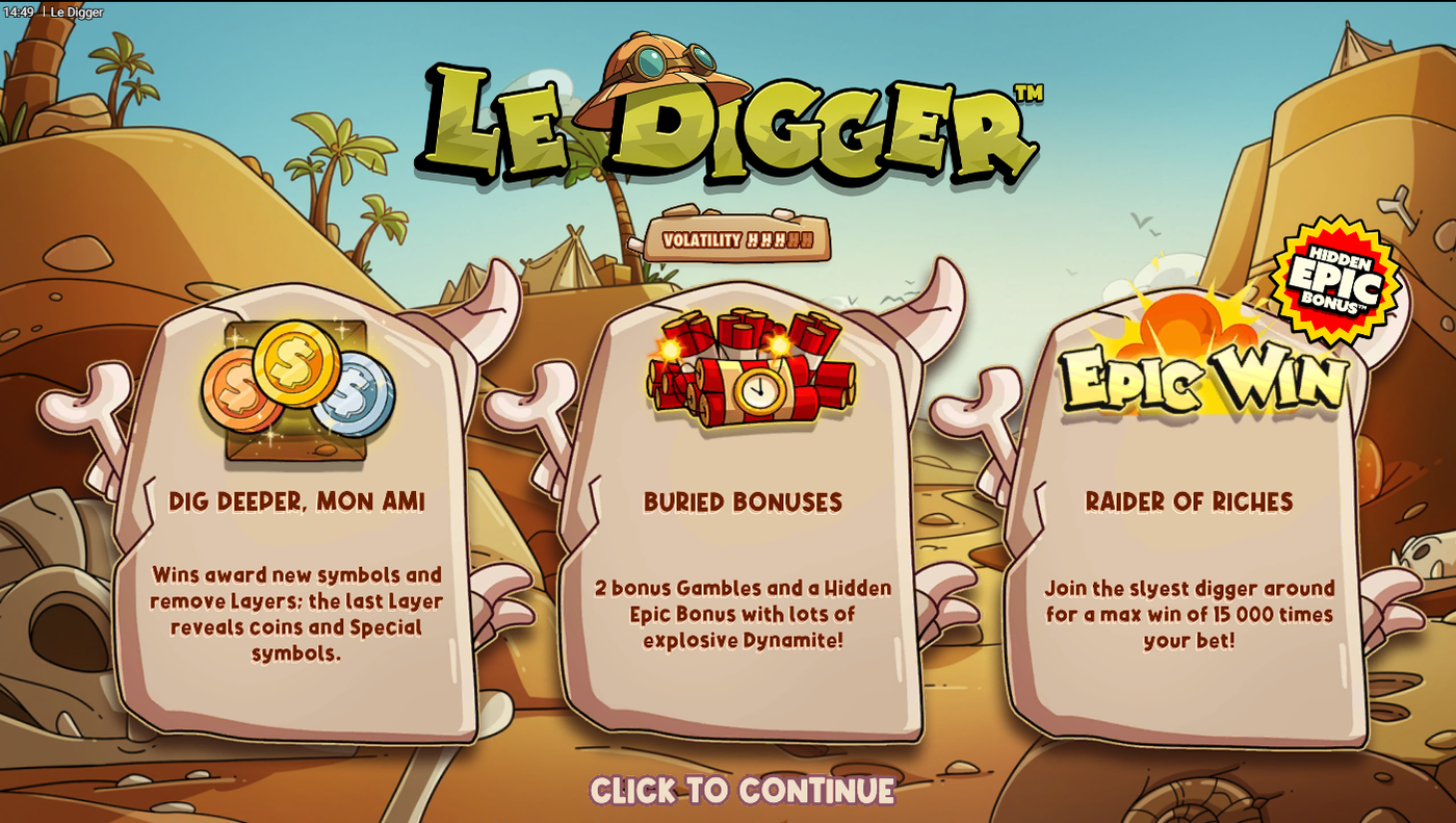 Le Digger feature overview splash screen showing Dig Deeper, Buried Bonuses, and Raider of Riches
