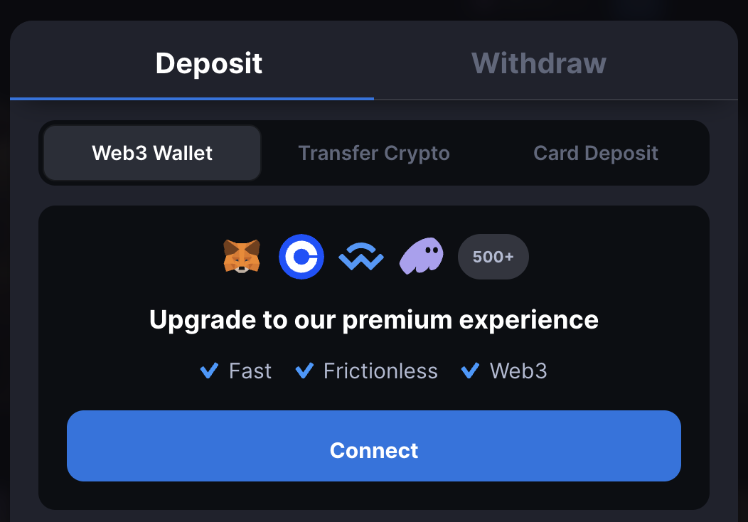 MetaWin Web3 Wallet connect screen showing MetaMask, Coinbase Wallet, and 500+ wallet options