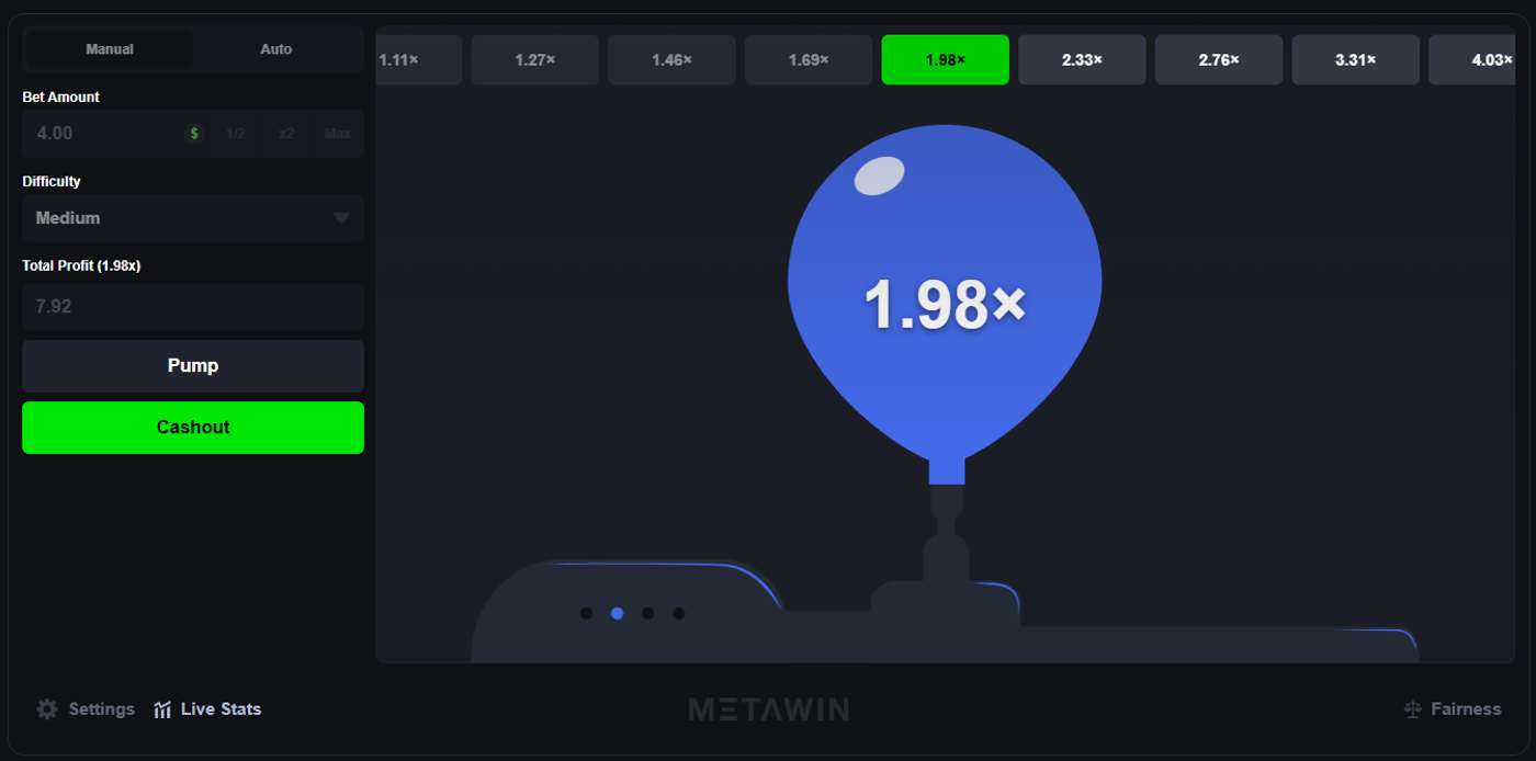 MetaWin Pump with an inflated balloon at 1.98x multiplier showing $7.92 total profit on Medium difficulty
