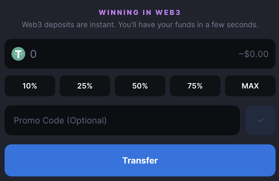 MetaWin USDT transfer amount entry with percentage buttons and Transfer button