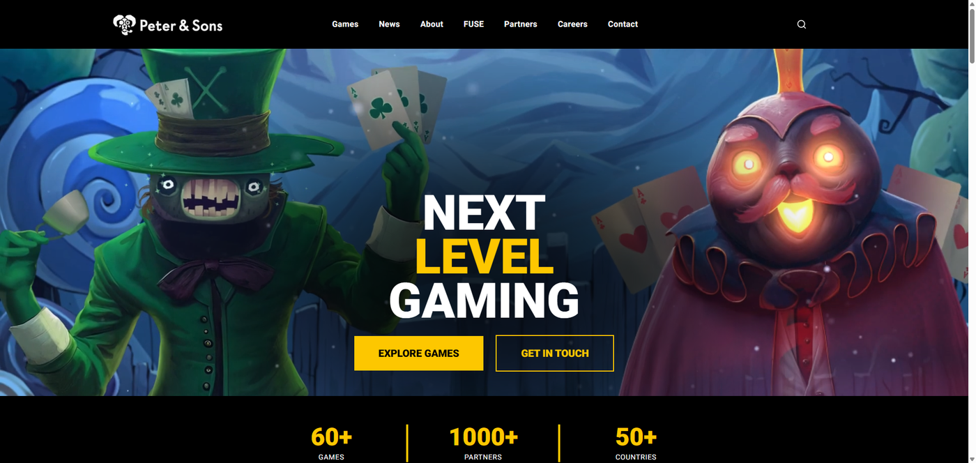 Peter and Sons official website showcasing their game portfolio