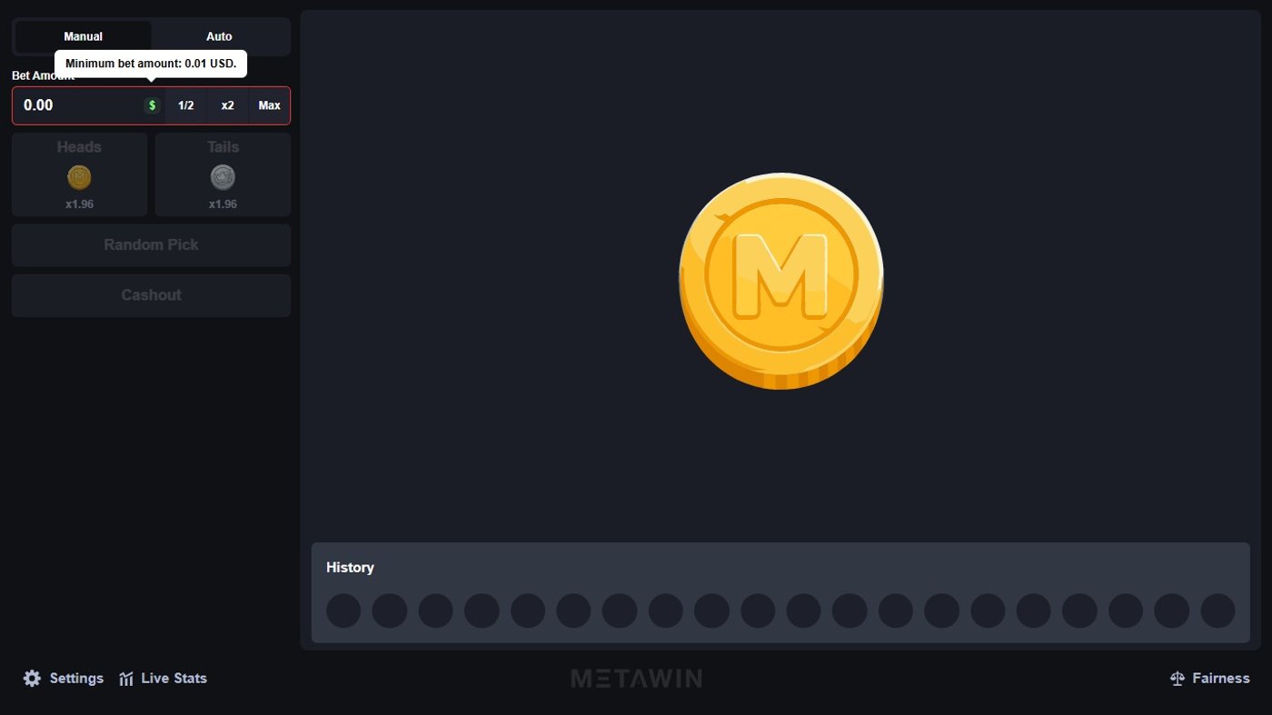 Coin Flip base game UI showing the gold MetaWin coin, heads and tails buttons, and bet controls