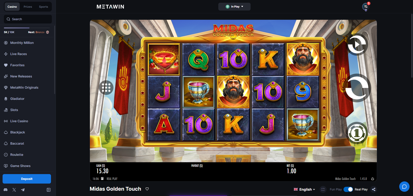 Midas Golden Touch slot at MetaWin showing Greek mythology themed reels with King Midas