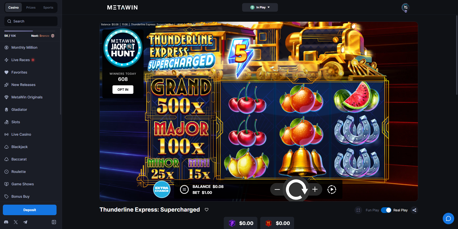 Thunderline Express Supercharged slot on MetaWin showing the golden train theme with Grand, Major, and Minor jackpots