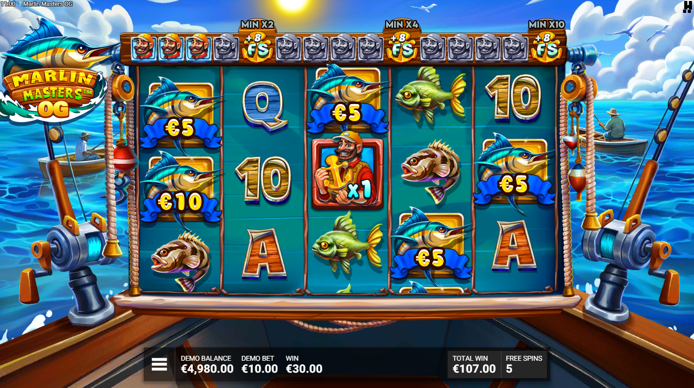 Marlin Masters OG slot by Hacksaw Gaming showing fishing-themed reels with multiplier wilds