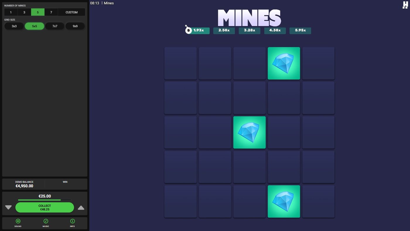 Hacksaw Mines 5x5 grid with five mines and three diamonds revealed, showing a 1.93x multiplier