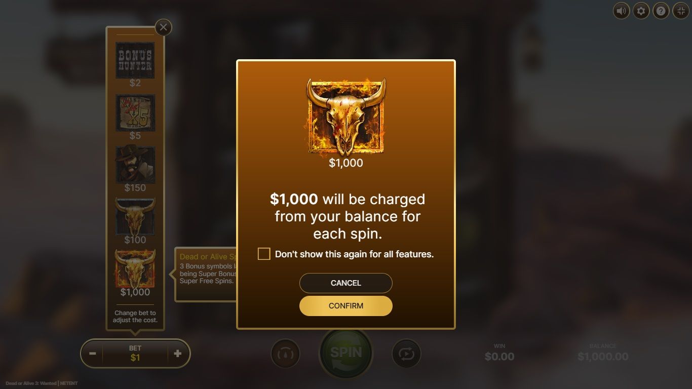 Dead or Alive 3: Wanted Elevate confirmation dialog for the 1,000x Dead or Alive Spins buy option