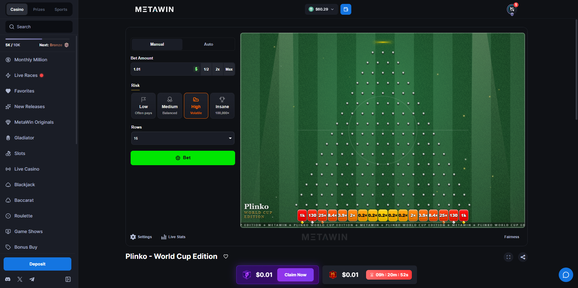 Plinko World Cup Edition board at MetaWin