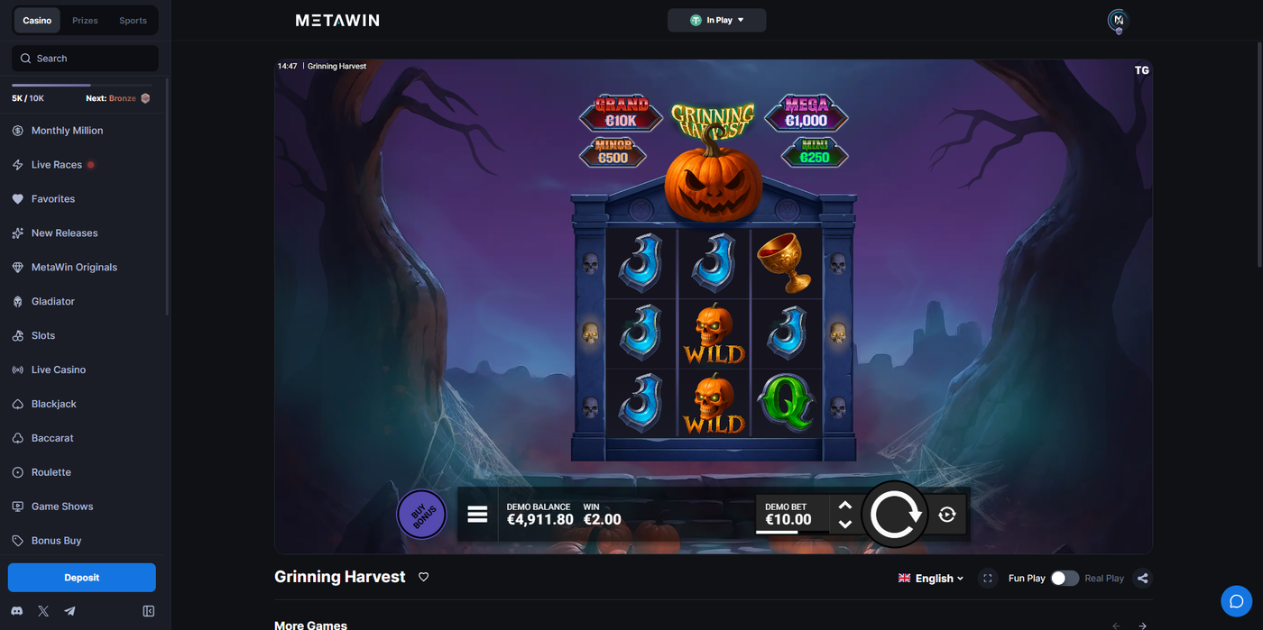 Grinning Harvest slot gameplay on MetaWin showing pumpkin jackpot symbols and the dark graveyard theme