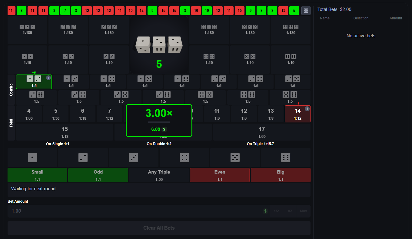 MetaWin Sic Bo betting table showing Small, Big, totals, doubles and triples with payouts