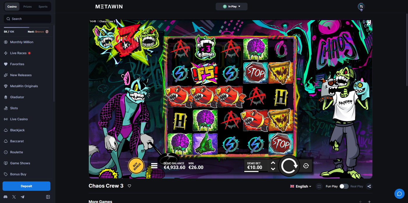 Chaos Crew 3 slot on MetaWin with vibrant cartoon graffiti art and Cranky Cat multiplier Wilds