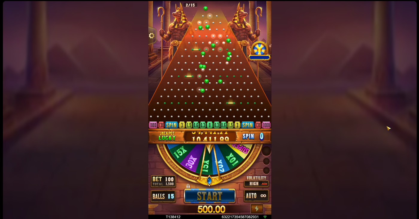 Plinko Empire active gameplay with balls bouncing through pegs on high volatility