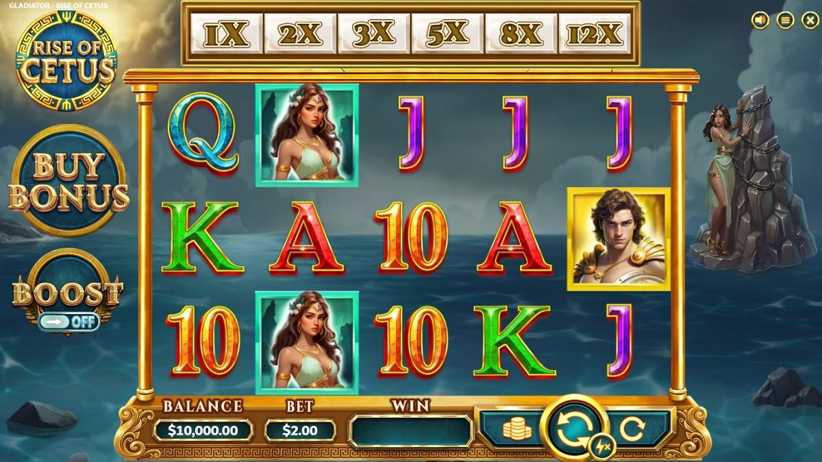 Rise of Cetus base game showing the 5x3 reel grid with Greek mythology symbols and multiplier meter