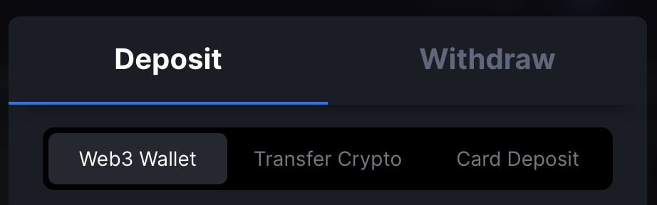 MetaWin Cashier showing the three deposit tabs: Web3 Wallet, Transfer Crypto, and Card Deposit