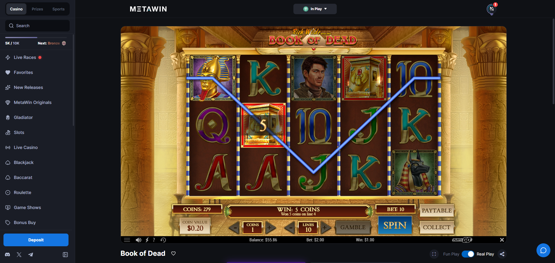 Book of Dead slot gameplay screenshot