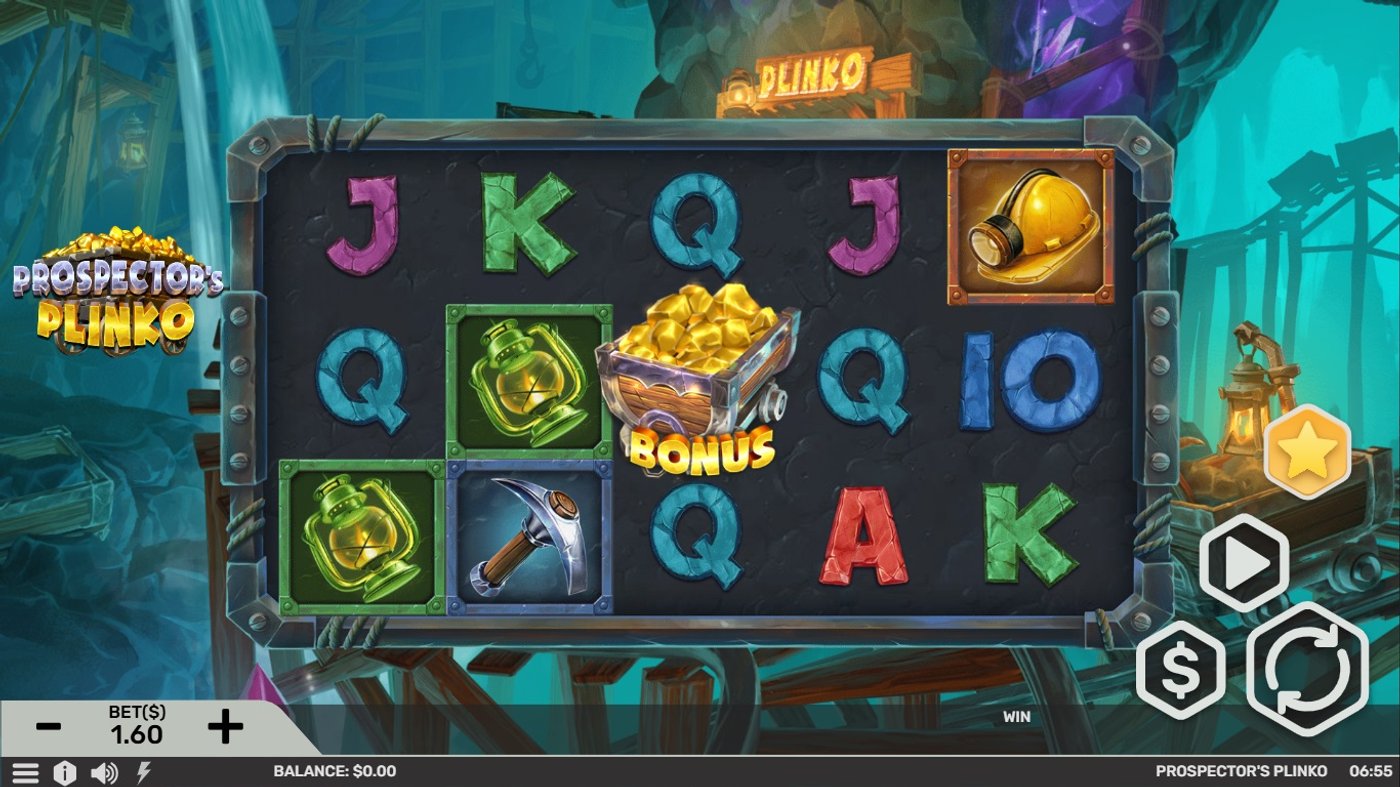 Prospector's Plinko base game showing the 5x3 reel grid with mining symbols and Bonus scatter in an underground mine