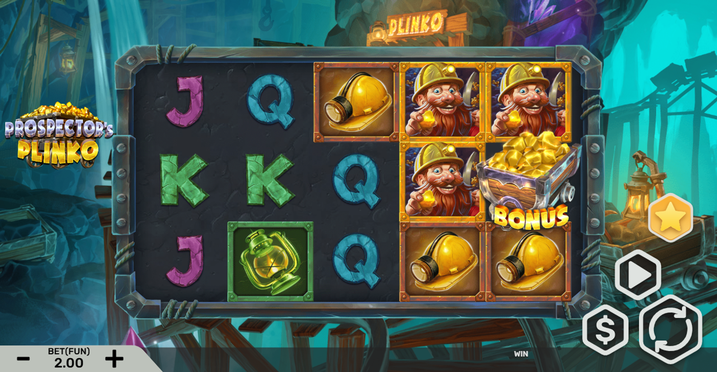 Prospector's Plinko gameplay showing the Prospector character symbols and gold nugget Bonus symbol on the reels