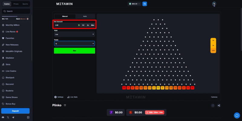 Open MetaWin Plinko and set your bet