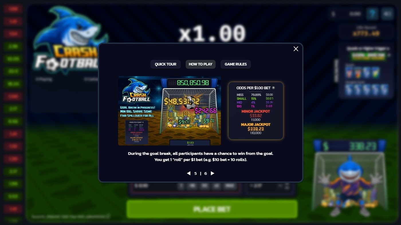 Crash Football Goal Break bonus info screen showing jackpot odds, minor and major jackpot values, and payout tiers