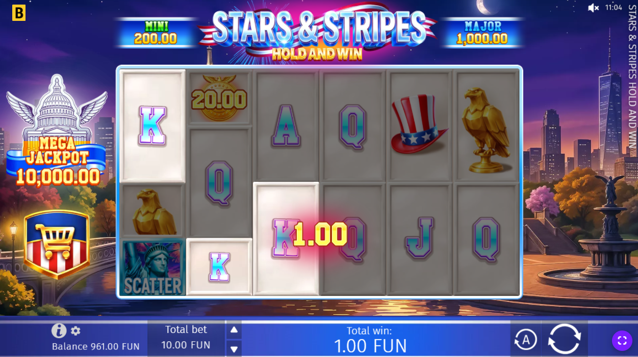 Stars and Stripes Hold and Win slot showing patriotic American theme with Mega Jackpot and Liberty symbols