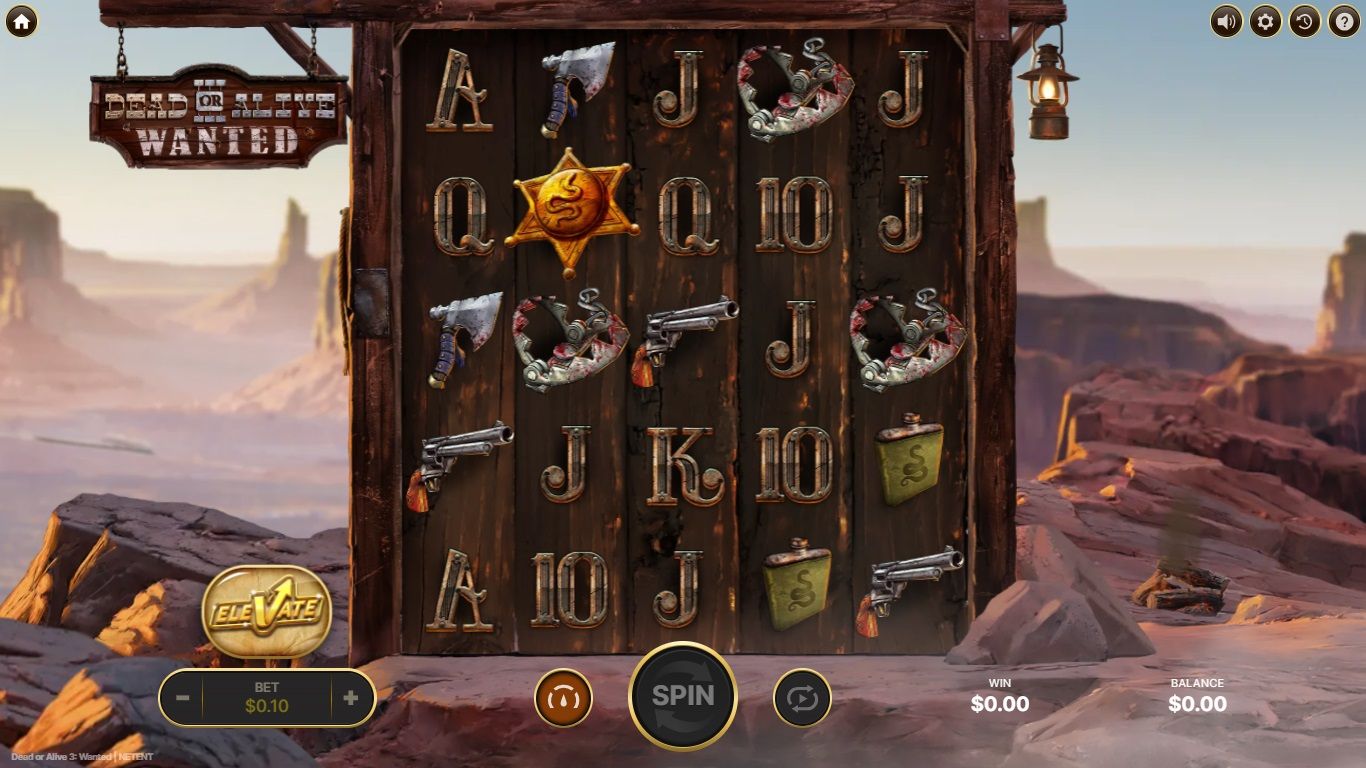 Dead or Alive 3: Wanted base game showing the 5x5 reel grid with Wild West symbols and canyon backdrop