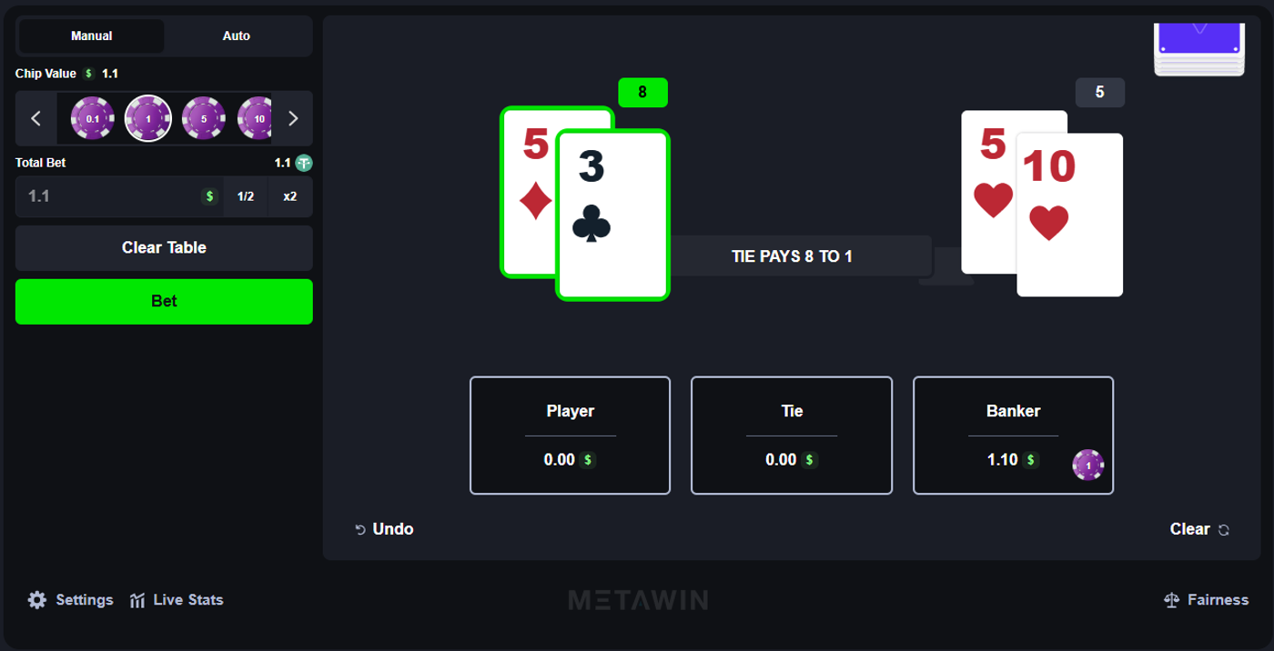 MetaWin Baccarat showing Player hand totalling 8 vs Banker hand totalling 5, with $1.10 wagered on Banker