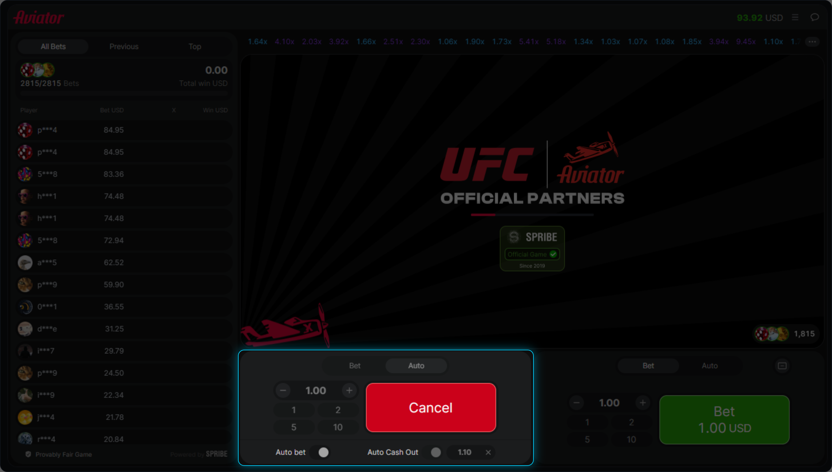 Aviator Auto tab with Auto bet and Auto Cash Out toggles and a 1.10x target
