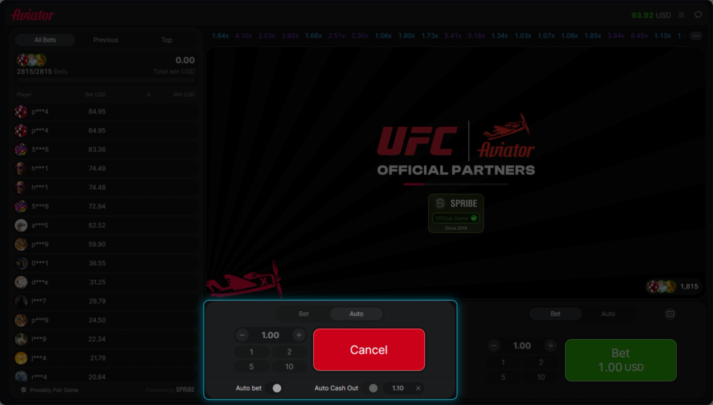 Aviator Auto tab with Auto bet and Auto Cash Out toggles and a 1.10x target